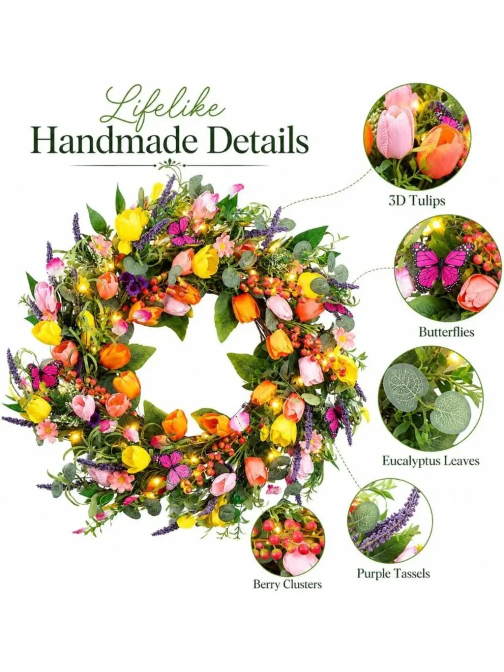 24-Inch Spring Tulip Wreath with Lights & Butterflies for Indoor/Outdoor Decor